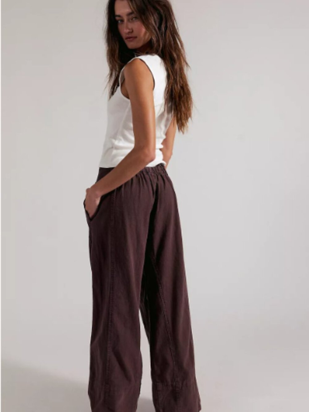 Free People Day's End Linen Pull on Pants- Mid Rise Wide Leg Double Espresso - Picture 2 of 7